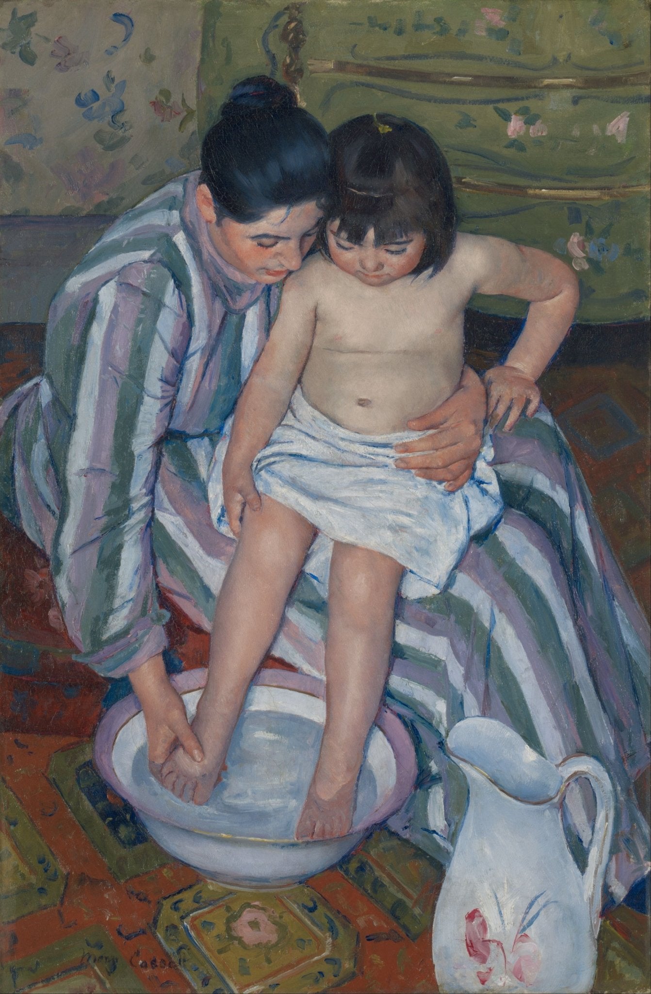Mary Cassatt’s “The Child’s Bath”, 1893 oil painting illustrating a mother tenderly washing her child’s foot.